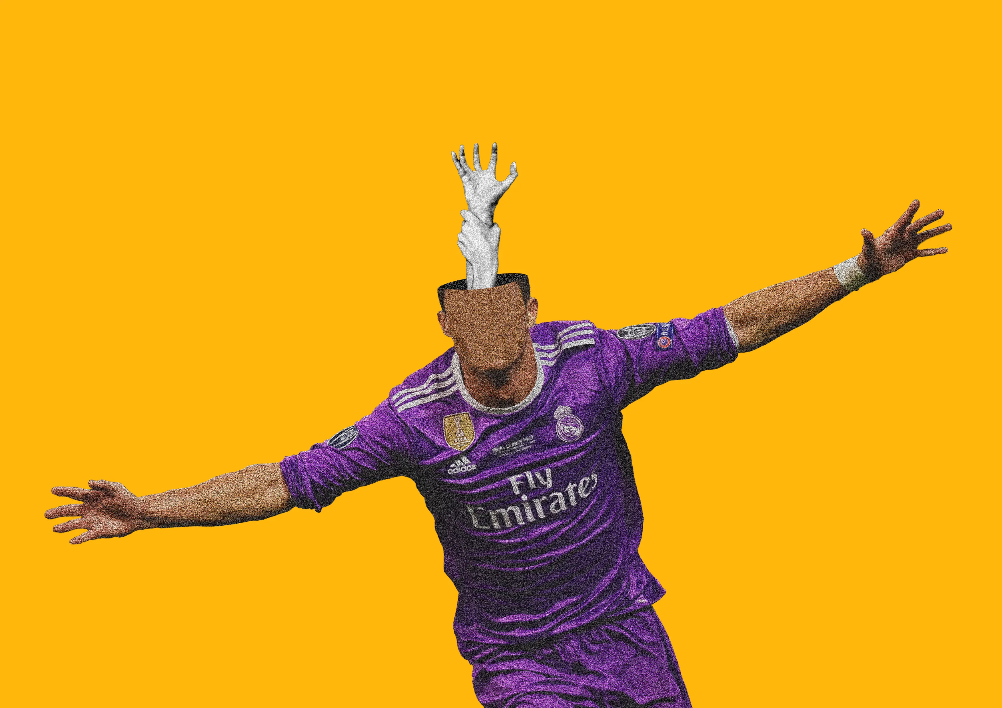 Reinterpretazione concettuale dell’iconico gesto celebrativo di Cristiano Ronaldo. Il corpo esulta, ma dalla mente emergono due mani intrecciate che afferrano e si trattengono: simbolo visivo dell’auto-sabotaggio.